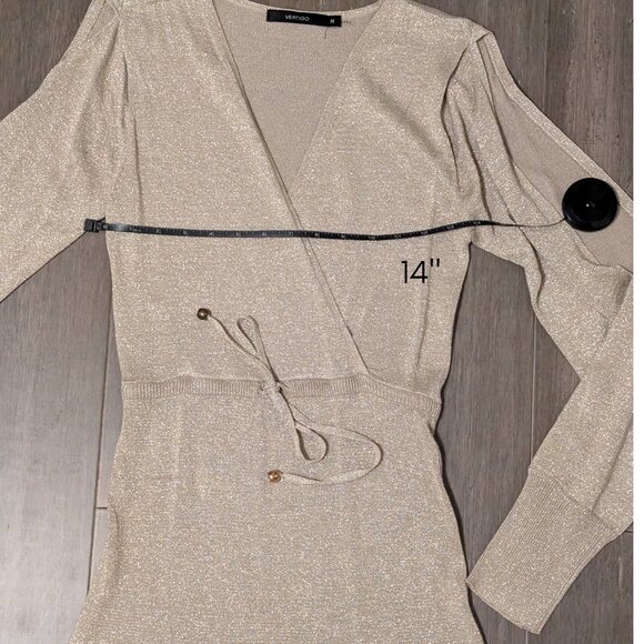 Vertigo, Surplice Neck Cold Shoulder Hi Lo Hem Dress, Gold Metallic, Sz M - Picture 10 of 14